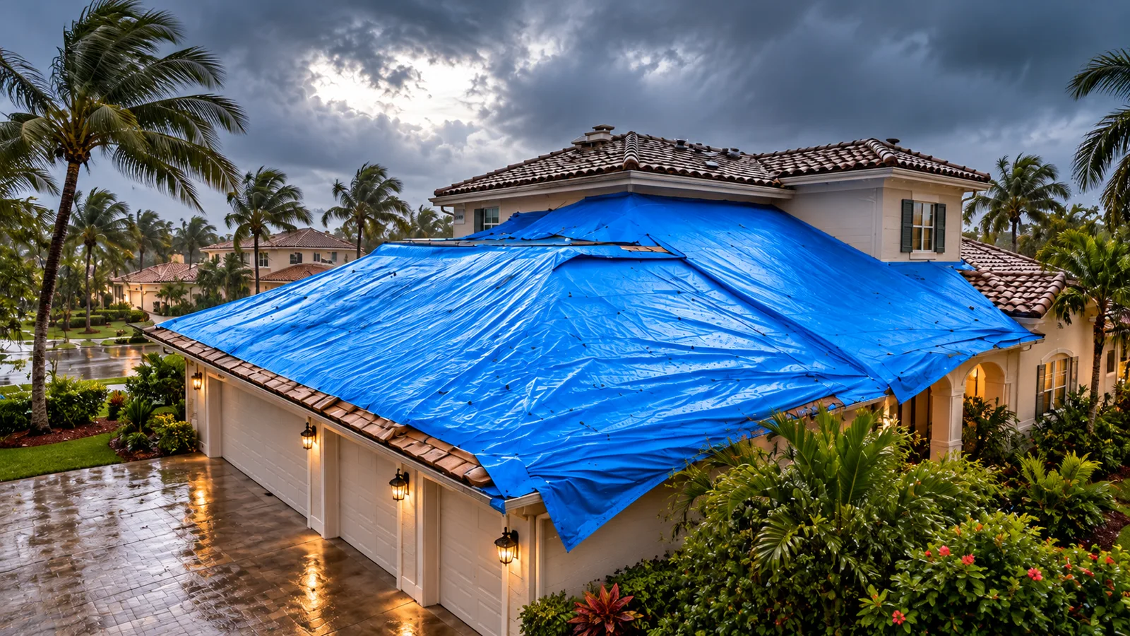 Blue emergency tarp secured over a storm-damaged roof