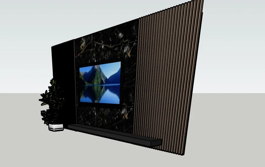 3D design concept of the feature wall with black marble-look tile, a TV and wood slat panels