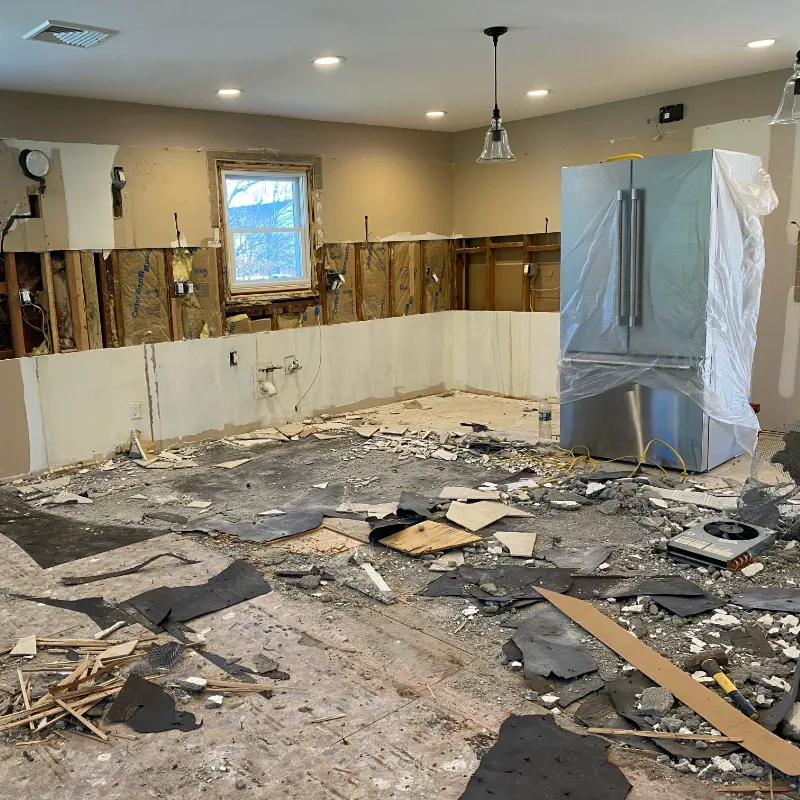 Kitchen before renovation: cabinets removed, walls opened and old flooring torn out