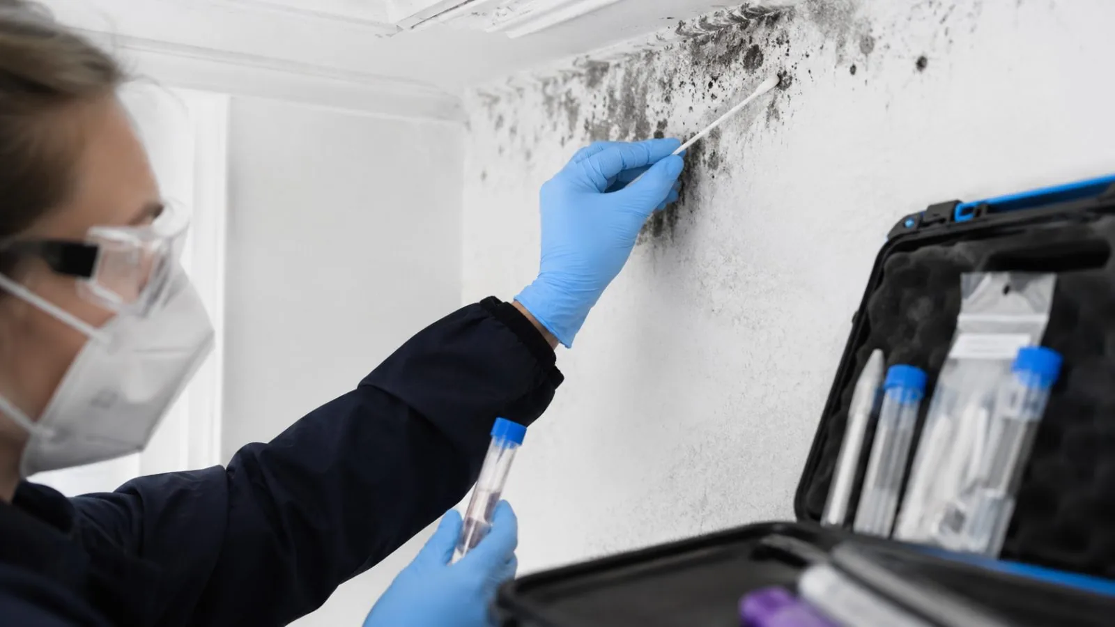 Inspector in protective gear collecting a swab sample of mold growth on a wall for laboratory analysis