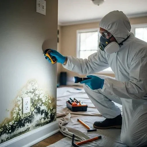 Technician in a protective suit and respirator checking moisture behind mold growth near an outlet