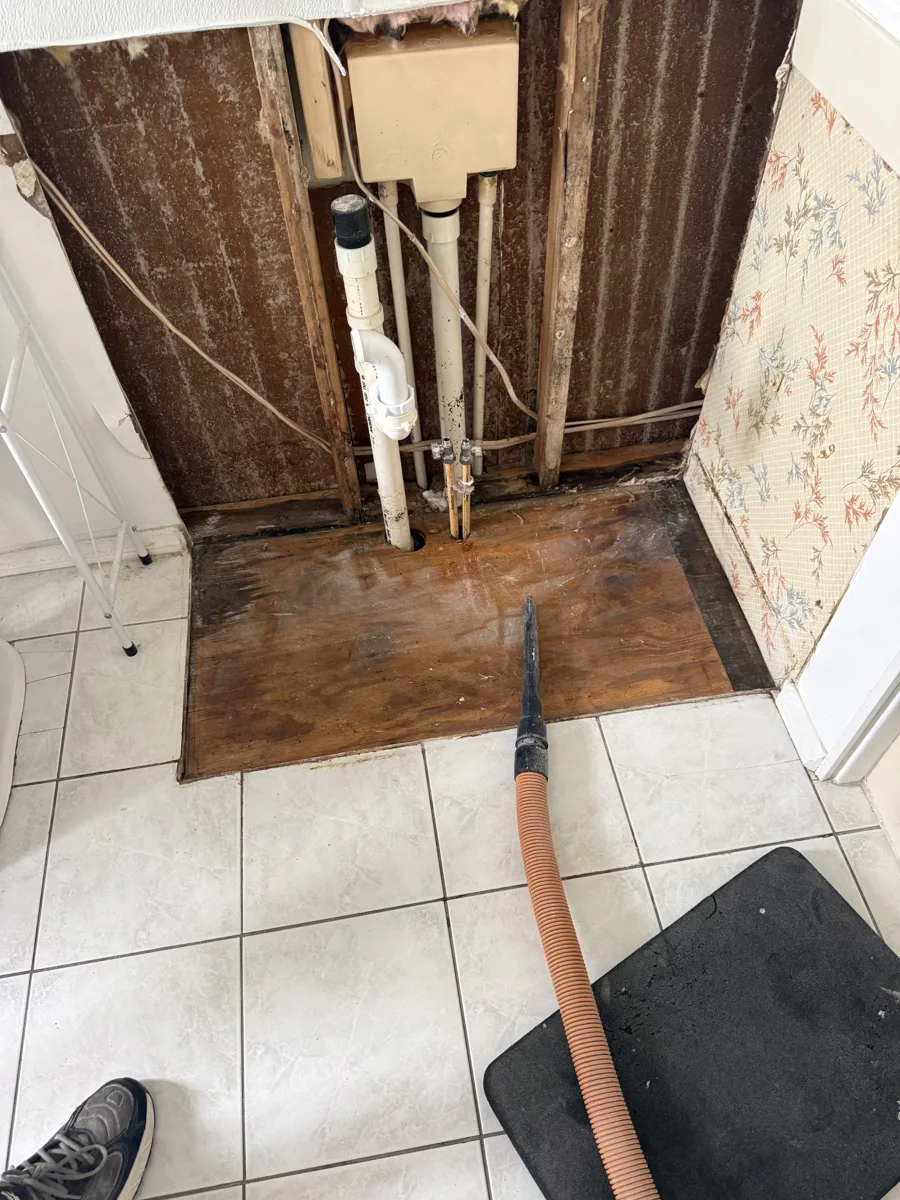 Bathroom vanity wall opened to the studs, with mold-damaged drywall removed and the subfloor being HEPA vacuumed