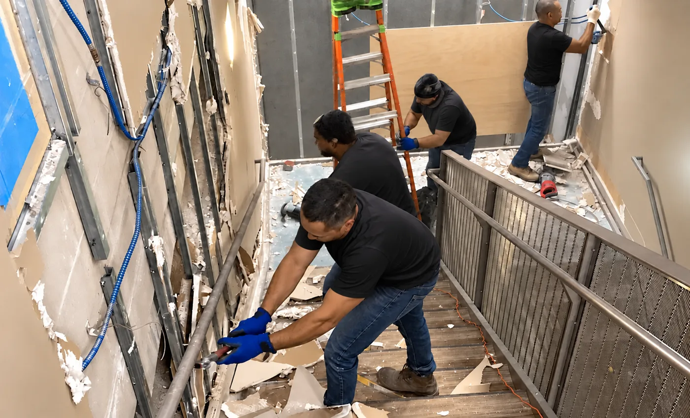 Crew removing damaged drywall down to the framing to prepare an interior for rebuilding