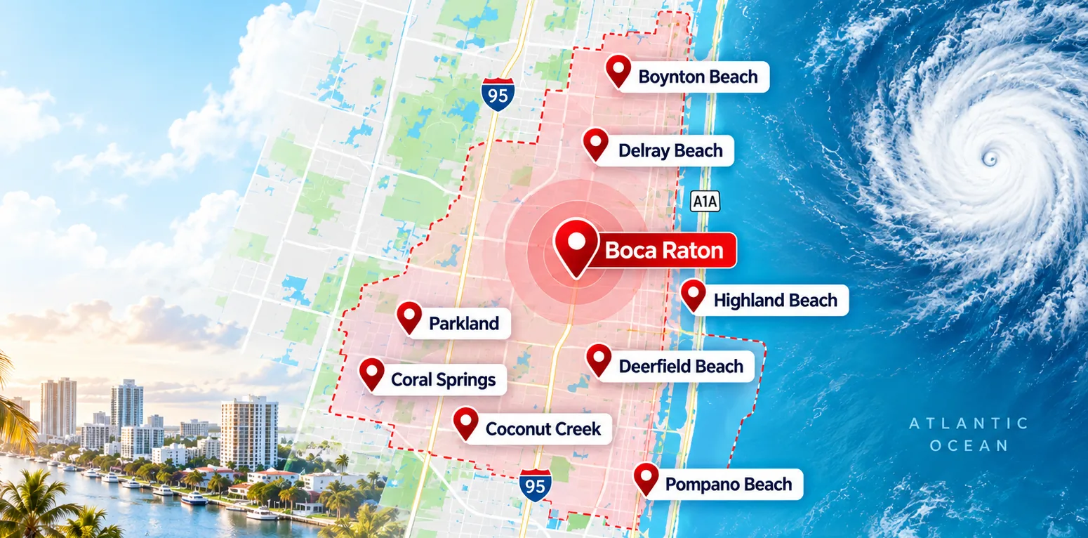 Map of the BO Property Services service area centered on Boca Raton, Florida, with nearby Palm Beach and Broward County communities