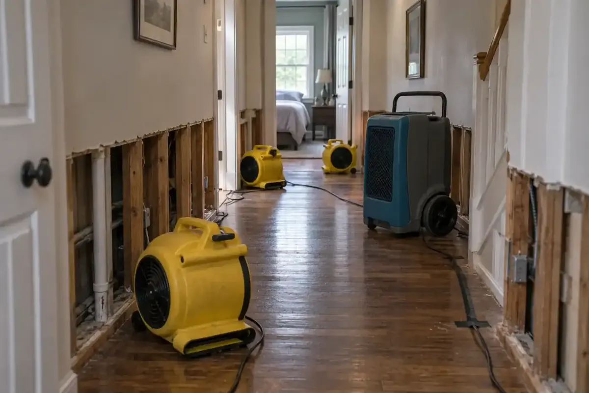 Hallway with drywall cut out along the bottom of the walls, air movers and a dehumidifier drying the structure