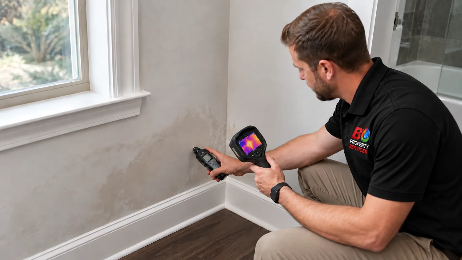 BO Property Services technician checking a water-stained wall with a moisture meter and thermal imaging camera