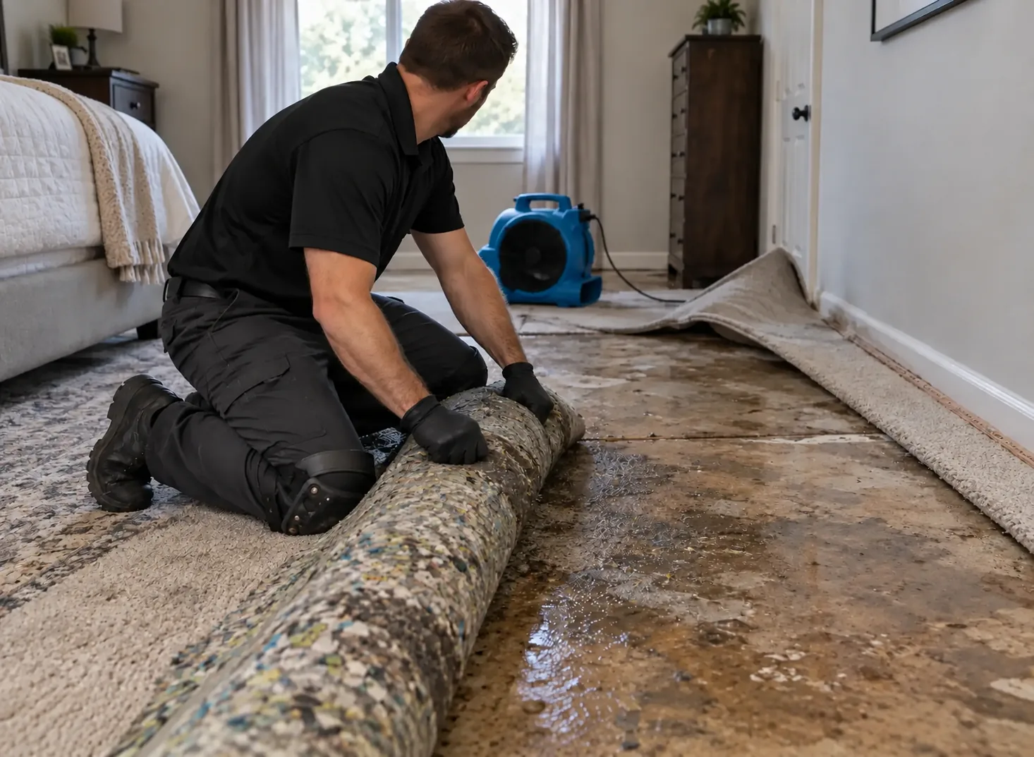 Technician removing wet carpet and padding from a bedroom after a water loss, with an air mover drying the subfloor
